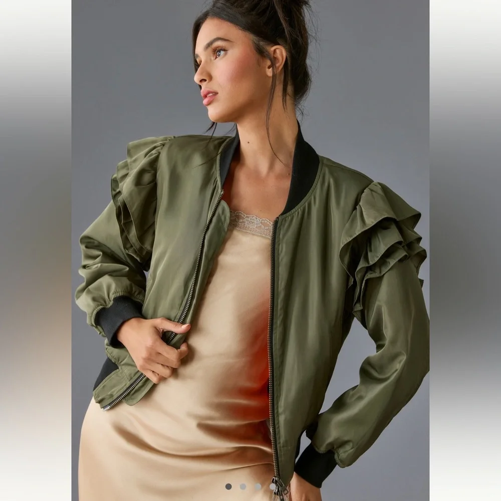 MABLE Ruffle-Sleeve Bomber Jacket - Picture 1 of 4